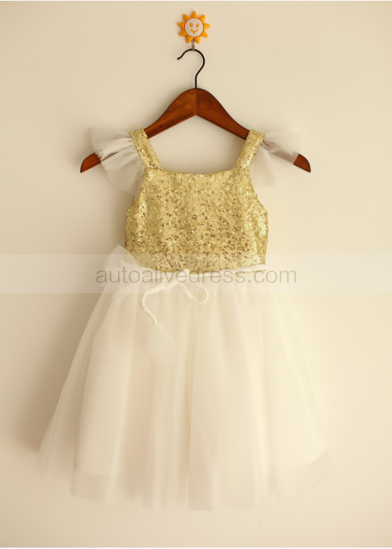 Gold Sequin Tulle Flutter Sleeves Knee Length Flower Girl Dress